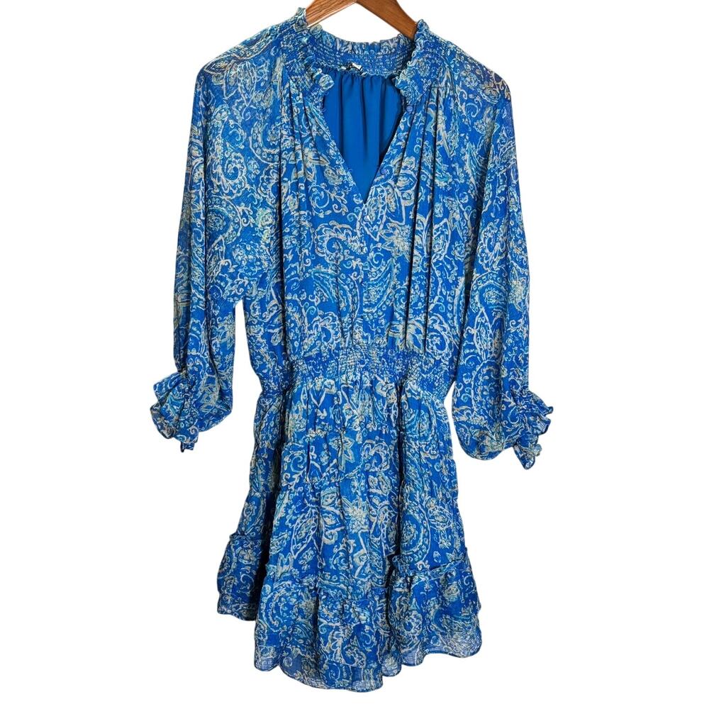 Fate Blue Paisley Smocked Waist Mini Dress Long Sleeve Boho Size L